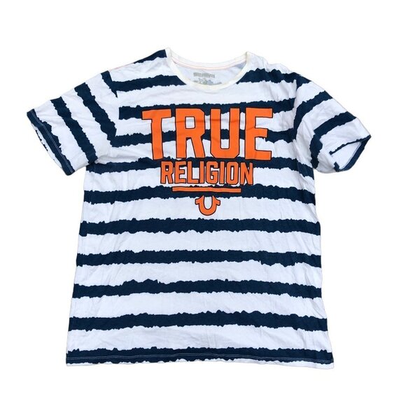 Vintage True Religion Shirt ALL OVER CRUNCH Striped Big Logo XXL White - Picture 2 of 7
